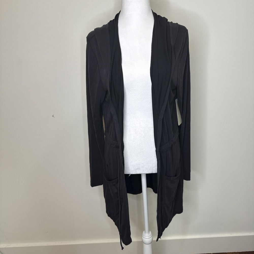 NEW Robert A Geller RAG Y2K Modal Hood‎ Cardigan Women L Black Stretch Tie Front
